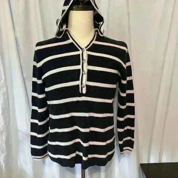 Chico’s Size 1 Women’s Hooded Button Knit Pullover. Striped. 100% Cotton - Picture 1 of 6